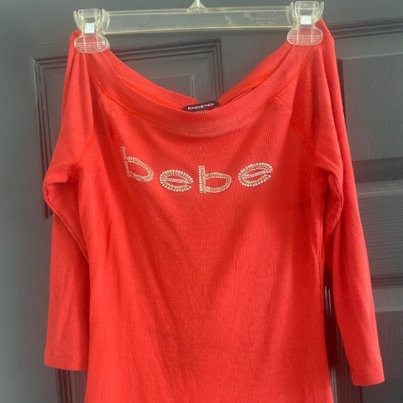 BEBE "OFF THE SHOULDER" LOGO BLOUSE - Picture 1 of 1
